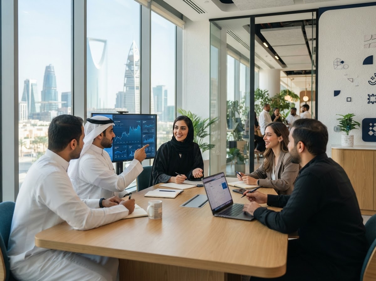 Trade-GPT — فريق تحليل بيانات يراجع مؤشرات السوق على شاشات متعددة